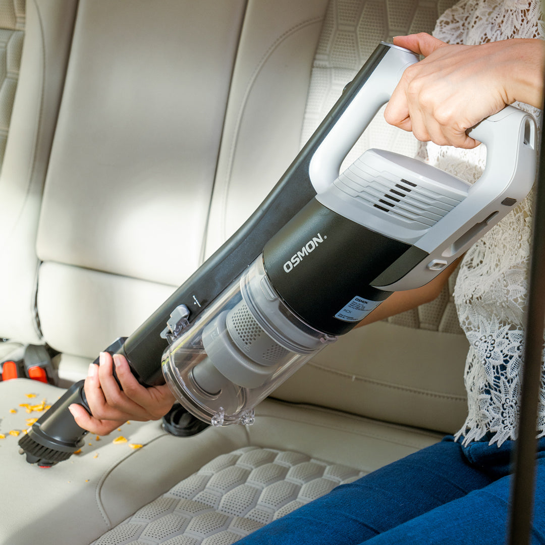 Showcasing OS V12 Wireless and cordless handheld vacuum cleaner, here using for Cleaning car