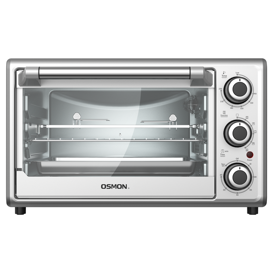 A sleek stainless-steel OTG with a 25-litre capacity, featuring a rotisserie and a convection fan.