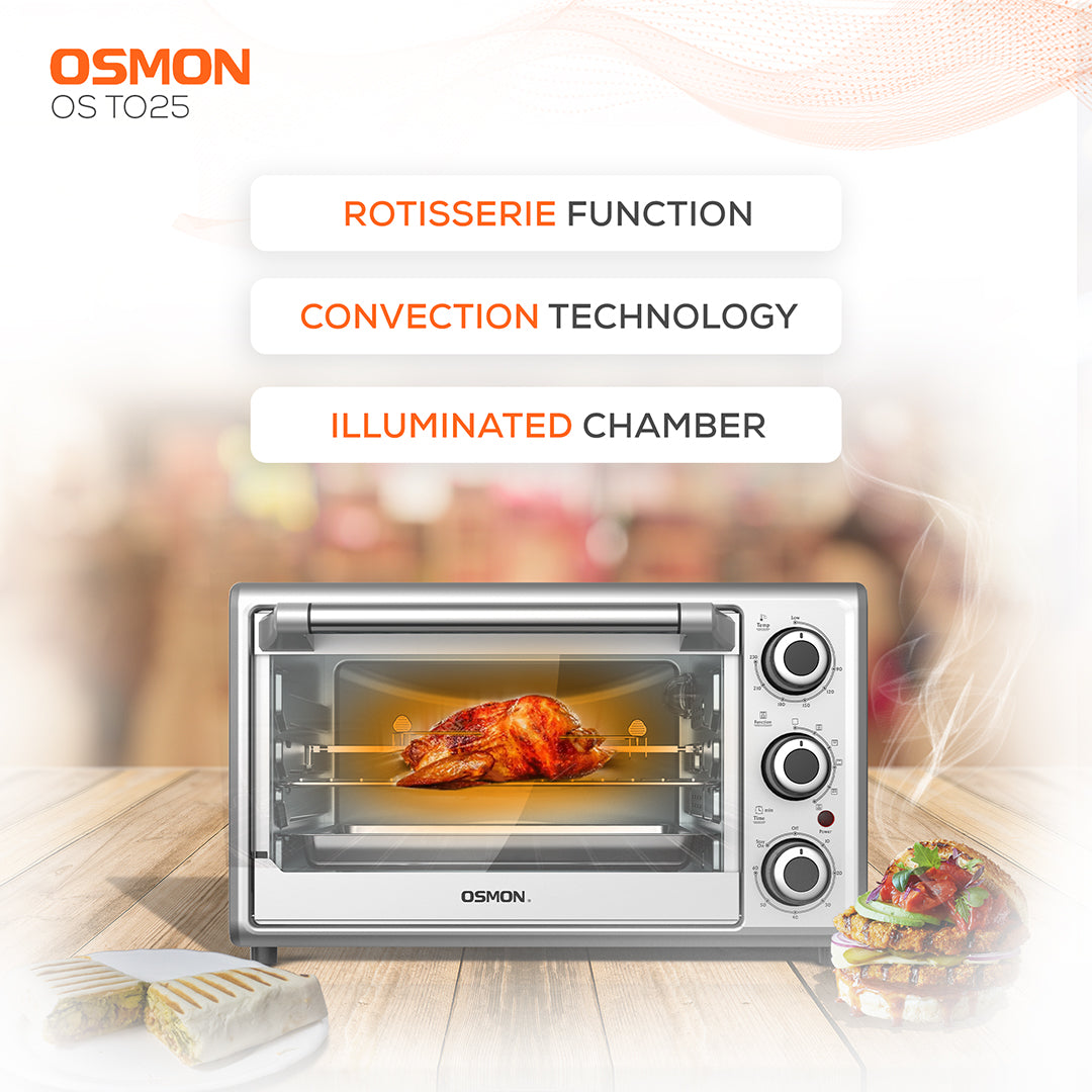 Osmon OTG Showcasing 3-in-1 feature of Rotisserie function, Convection Technology, Illuminated Chamber