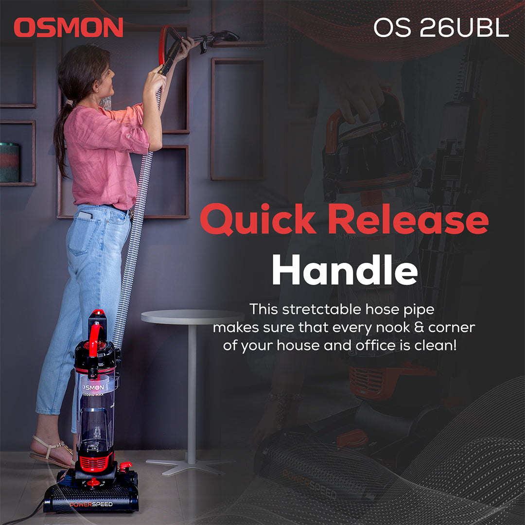This Showcases the feature of Osmon 26UBL which is Quick Release Handle as women is cleaning the corners this stretchable hose pipe makes sure that every nook & corner of your house / office is clean