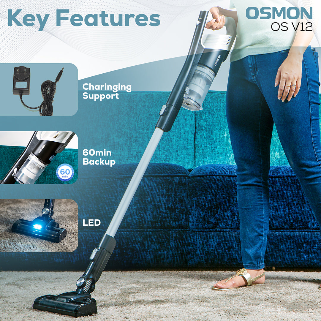 Showcasing Key Features of Wireless Vacuum, like Charging support, 1 hour of backup, and LED light