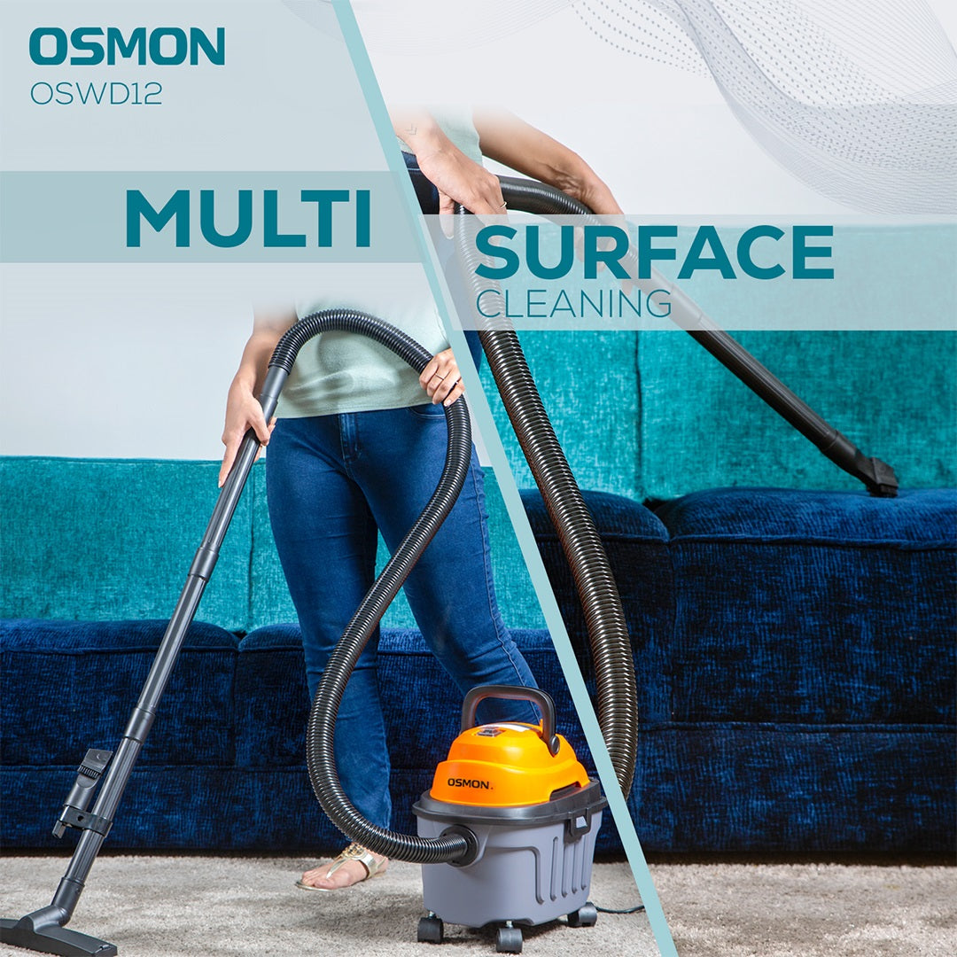 This shows the Multi surface cleaning feature of Osmon WD12 Wet & Dry Vacuum as shown by used to clean sofa, carpet and floor