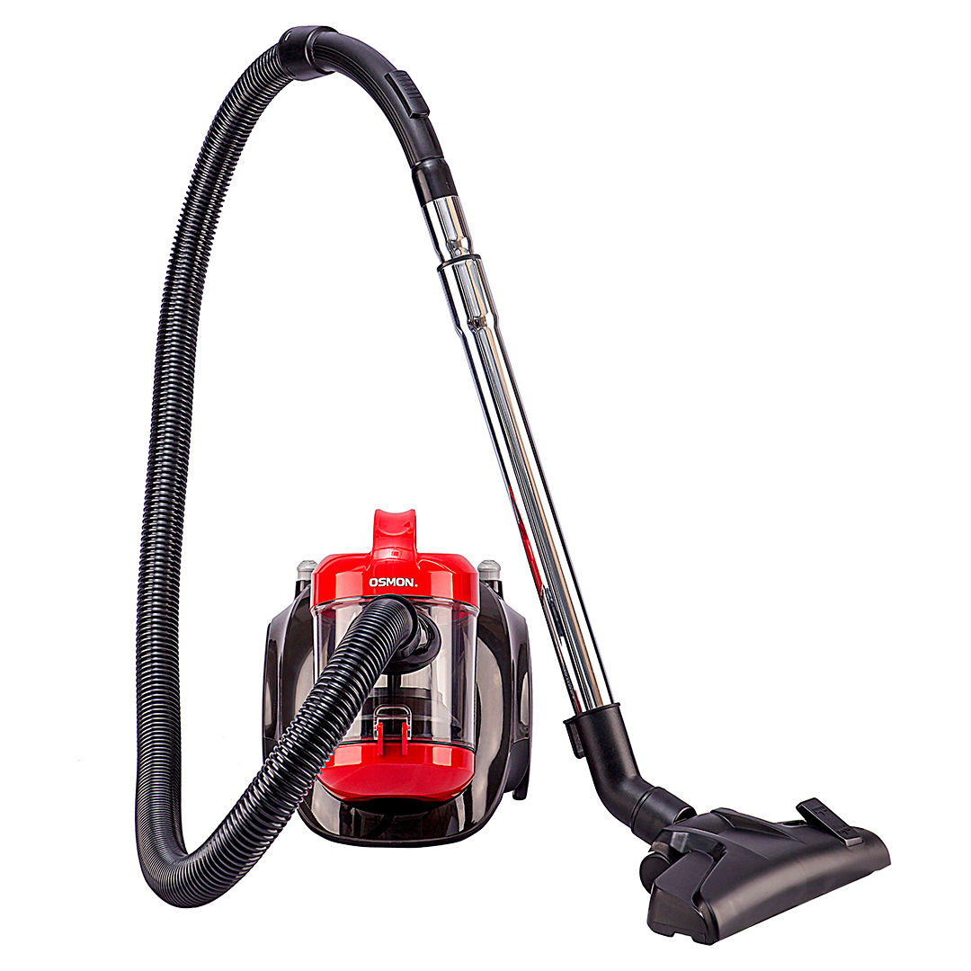 A visually striking red and black vacuum cleaner, the Osmon 1400 Watt Bagless Cyclonic Vacuum Cleaner, simplifies your cleaning routine.