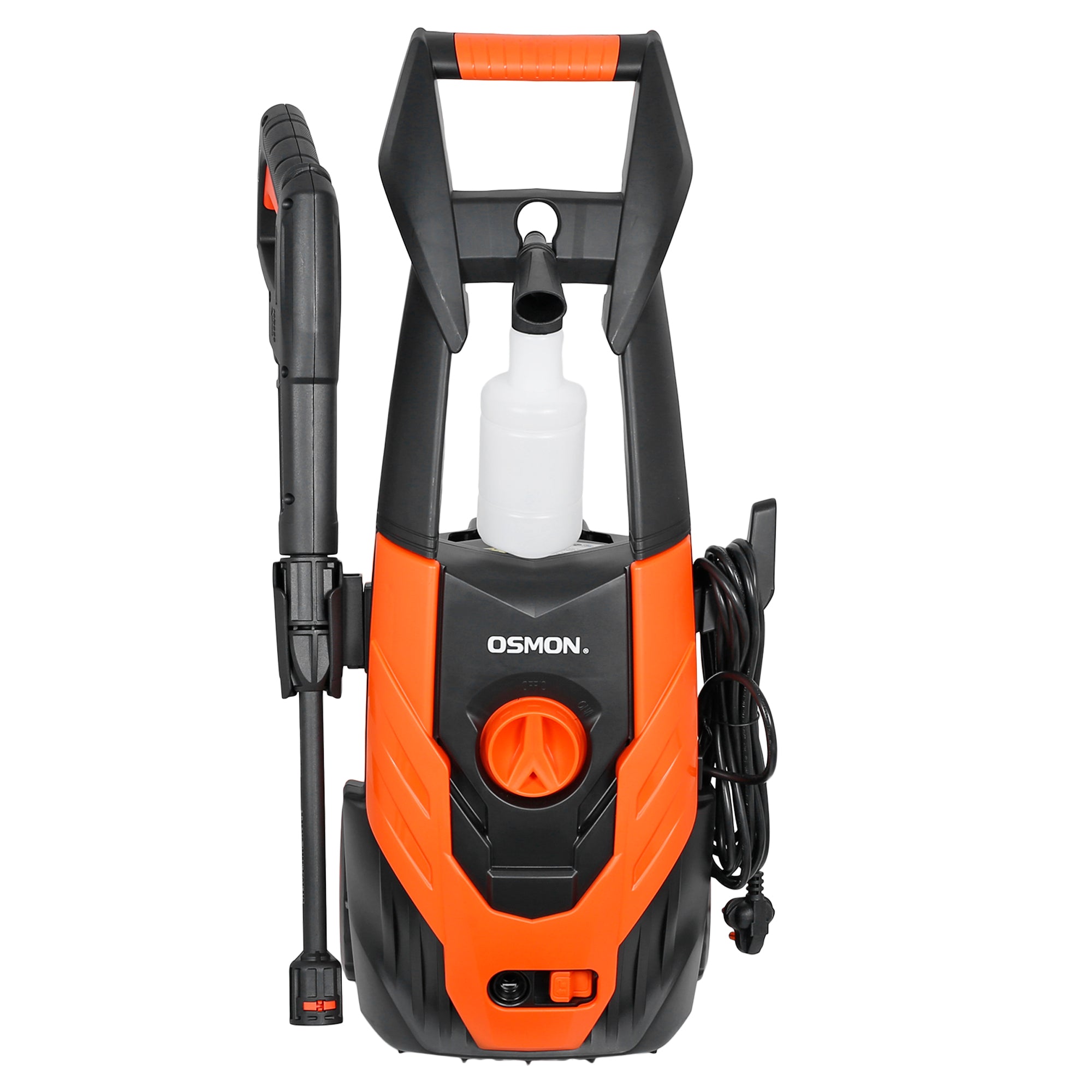 A vibrant orange OS PW140 pressure washer, ideal for cleaning cars, bikes, and office/home spaces