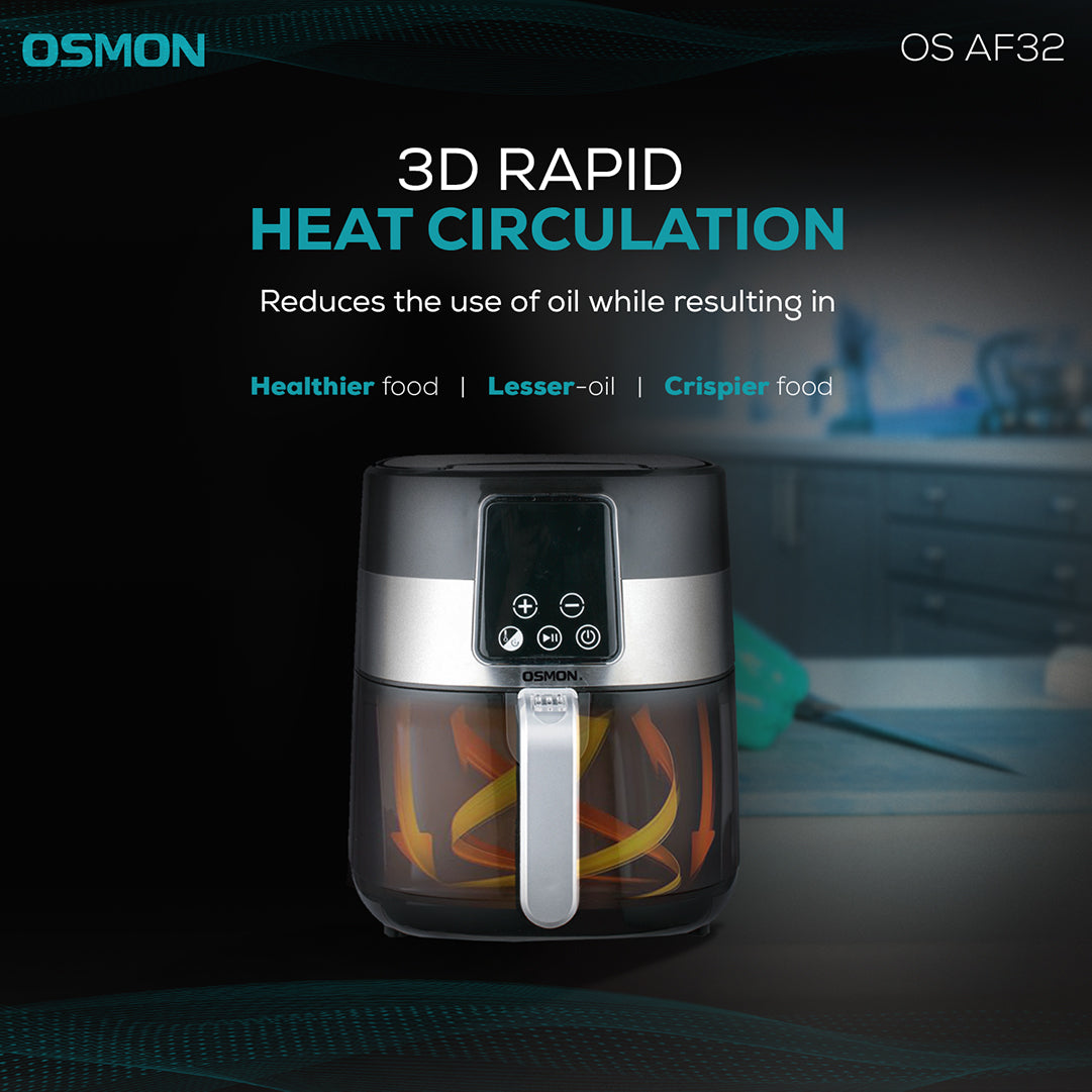 Osmon Air fryer featuring its 3D Rapid Circulation which reduces the use of oil while resulting in Healthier food, Lesser oil & Crispier food