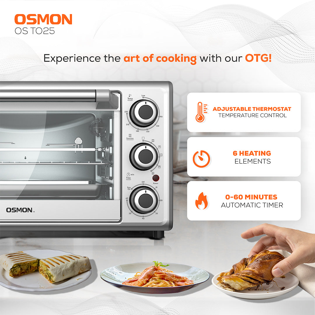Showcasing the Osmon OTG buttons featured in front like Adjustable thermostat, 6 Heating elements, 0-60 Minutes Automatic timer 