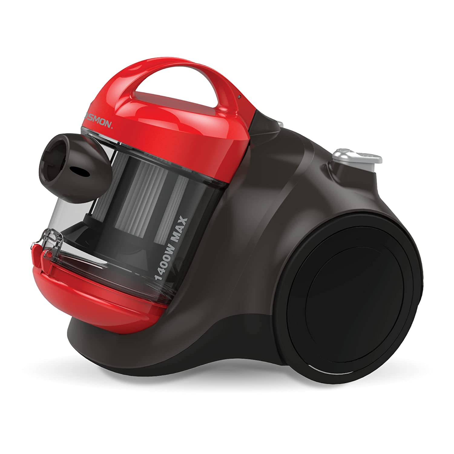 Showcasing the Osmon red and black vacuum cleaner zoom in view of 100 % copper motor