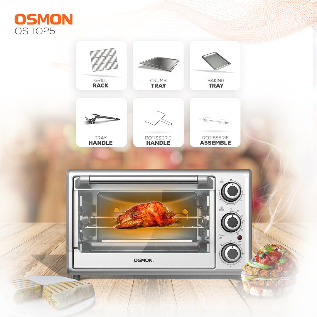 Showcasing the Accessories included with package like Grill rack, crumb tray, baking tray, tray handle, rotisserie handle, rotisserie assemble