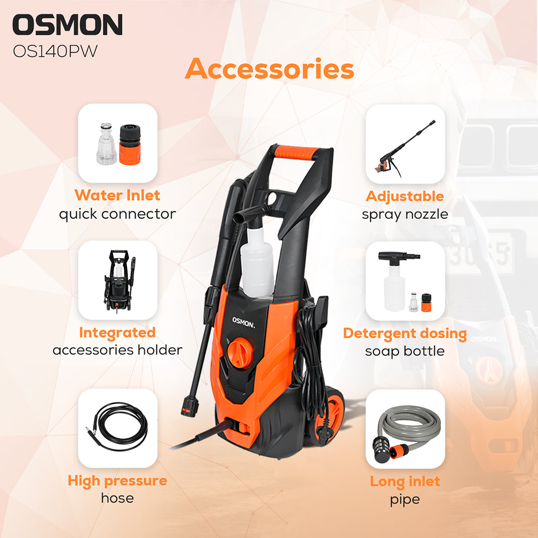 Osmon Water Pressure showcases the accessories which includes in a packaging Water Inlet quick connector, Integrated accessories holder, High Pressure hose, High efficiency spray gun, Detergent dosing soap bottle in it.