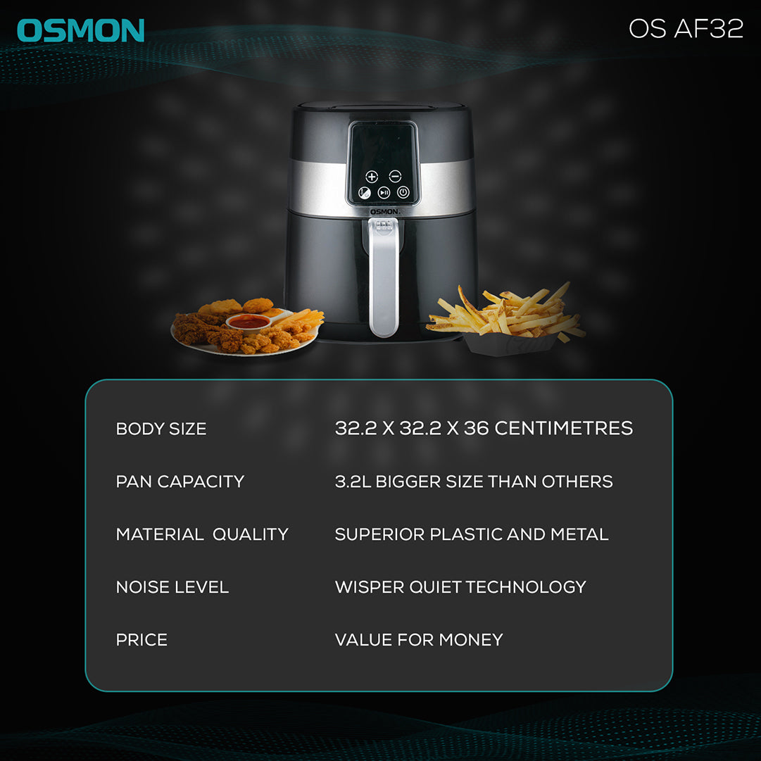 This Showcases the major features of Osmon air fryer like Wisper quiet technology, Superior Plastic and Metal, 3.2L basket/Pan which is Bigger size than others and this a value for money