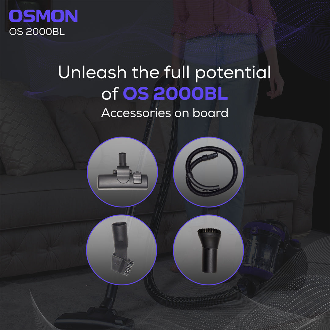 Showcasing the Accessories on board with the Osmon 2000BL like suction pipe and 3 Different types of Brushes 