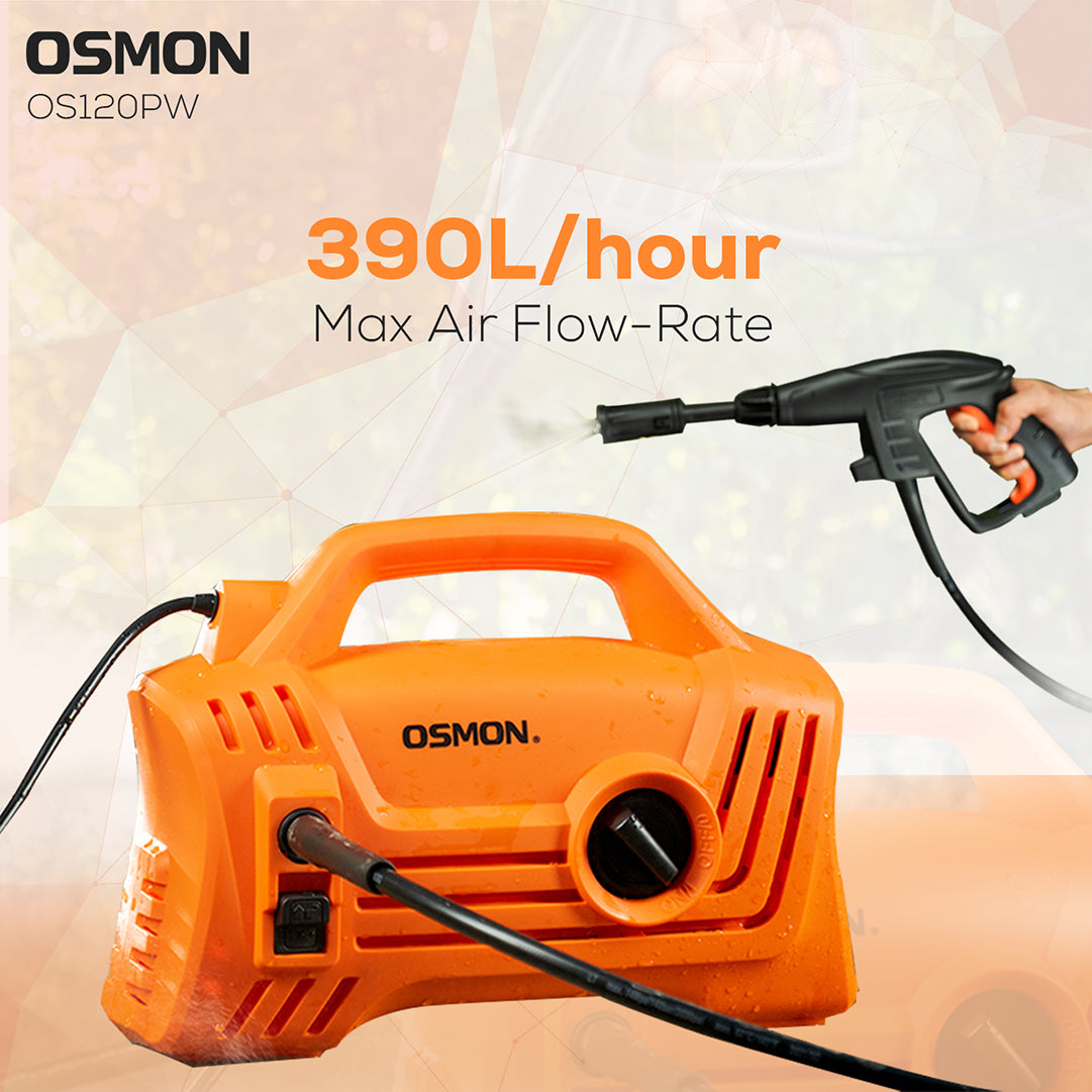 Osmon Pressure washer showcasing the feature of 390L/hour as Max Air flow rate 