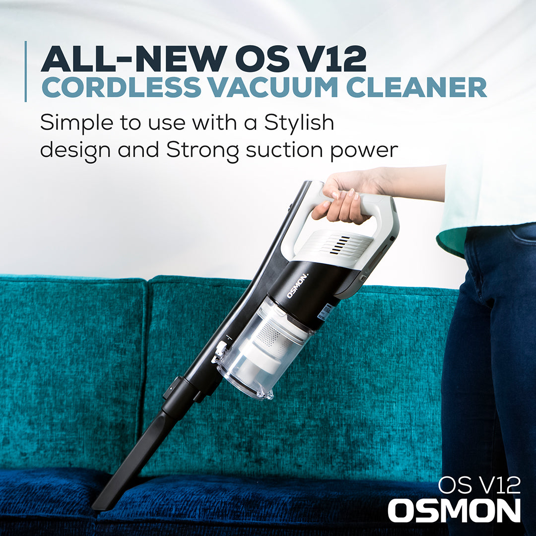 OS V12 Wireless Cordless Handheld Vacuum Cleaner with Rechargeable Battery 150 Watts Motor Black Silver