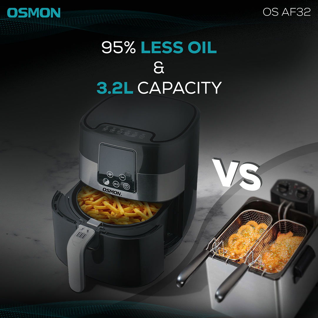 Osmon Digital Air fryer showing the comparison of our air fryer and other air fryers which shows 95% less oil with 3.2L capacity