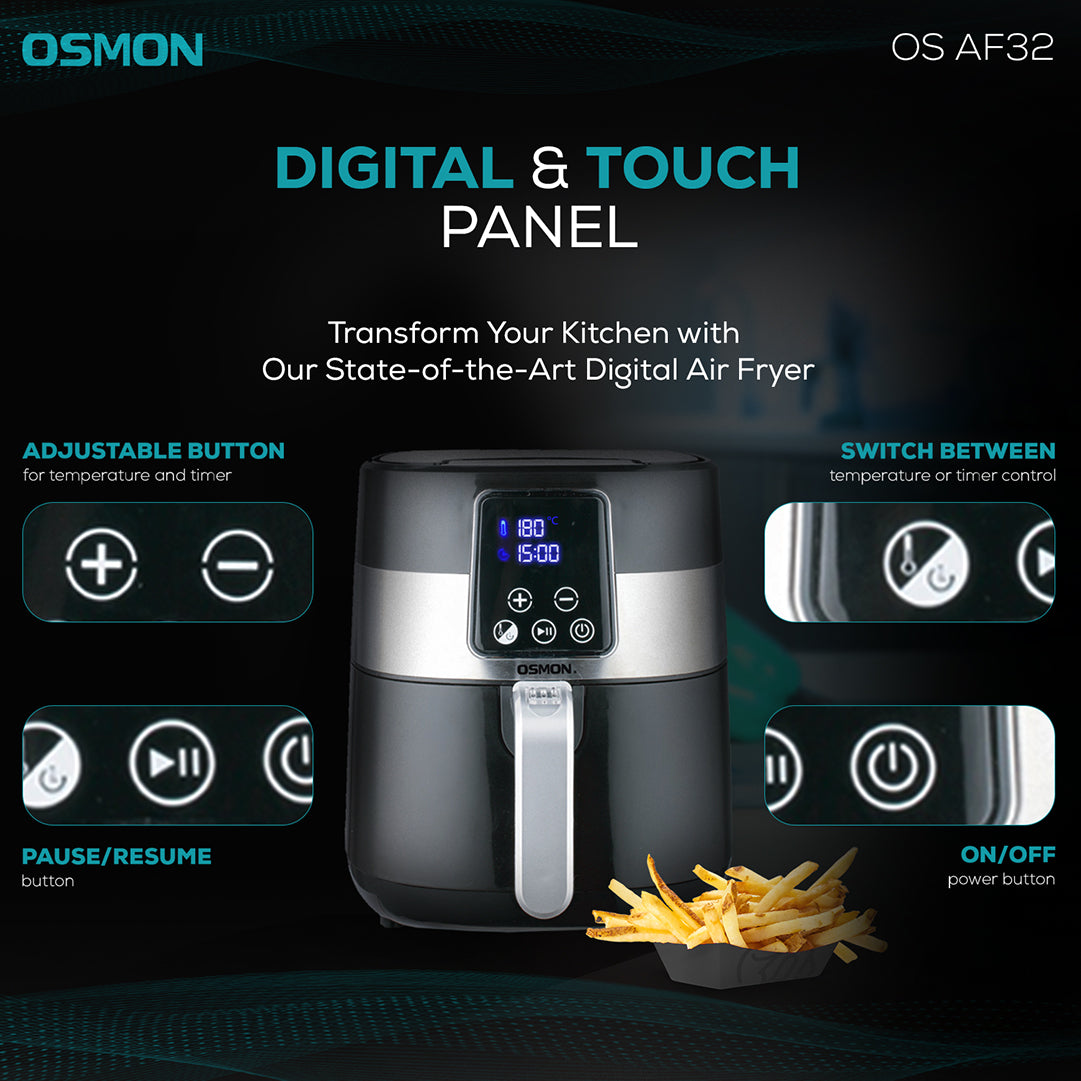 Osmon Air fryer showcasing the feature of its Digital & Touch panel like adjustable button for temperature and timer, switch between temperature or timer control, Pause or resume button, with On/off Power button 