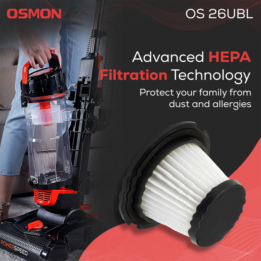 This shows the Advanced HEPA Filtration technology used by Osmon 26UBL which protects one from Dust and Allergies