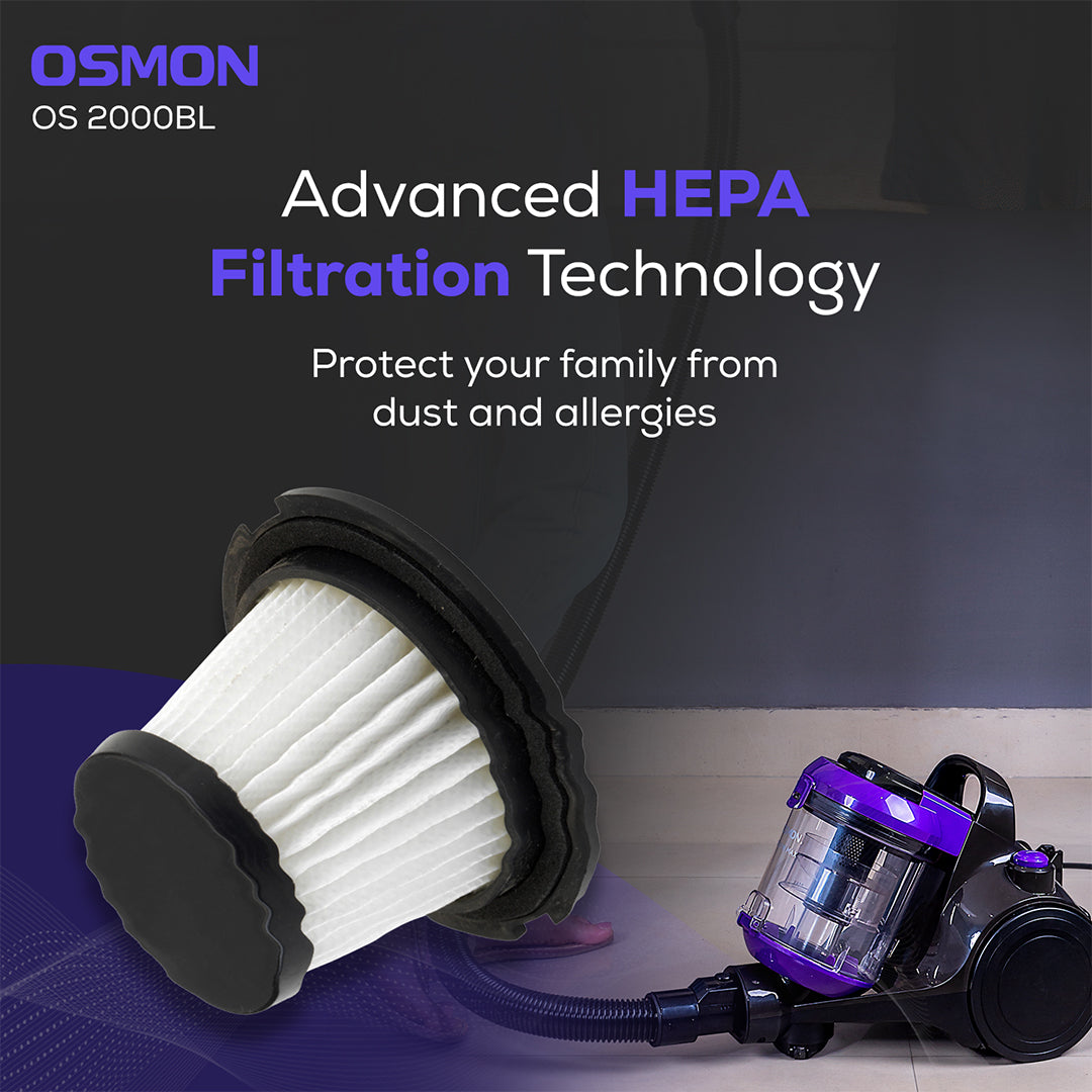 This shows the Advanced HEPA Filtration technology used by Osmon 2000BL which protects one from Dust and  Allergies 