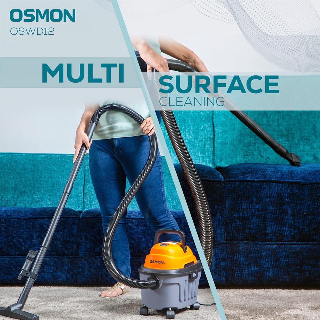 This shows the Multi surface cleaning feature of Osmon WD12 Wet & Dry Vacuum as shown by used to clean sofa, carpet and floor 