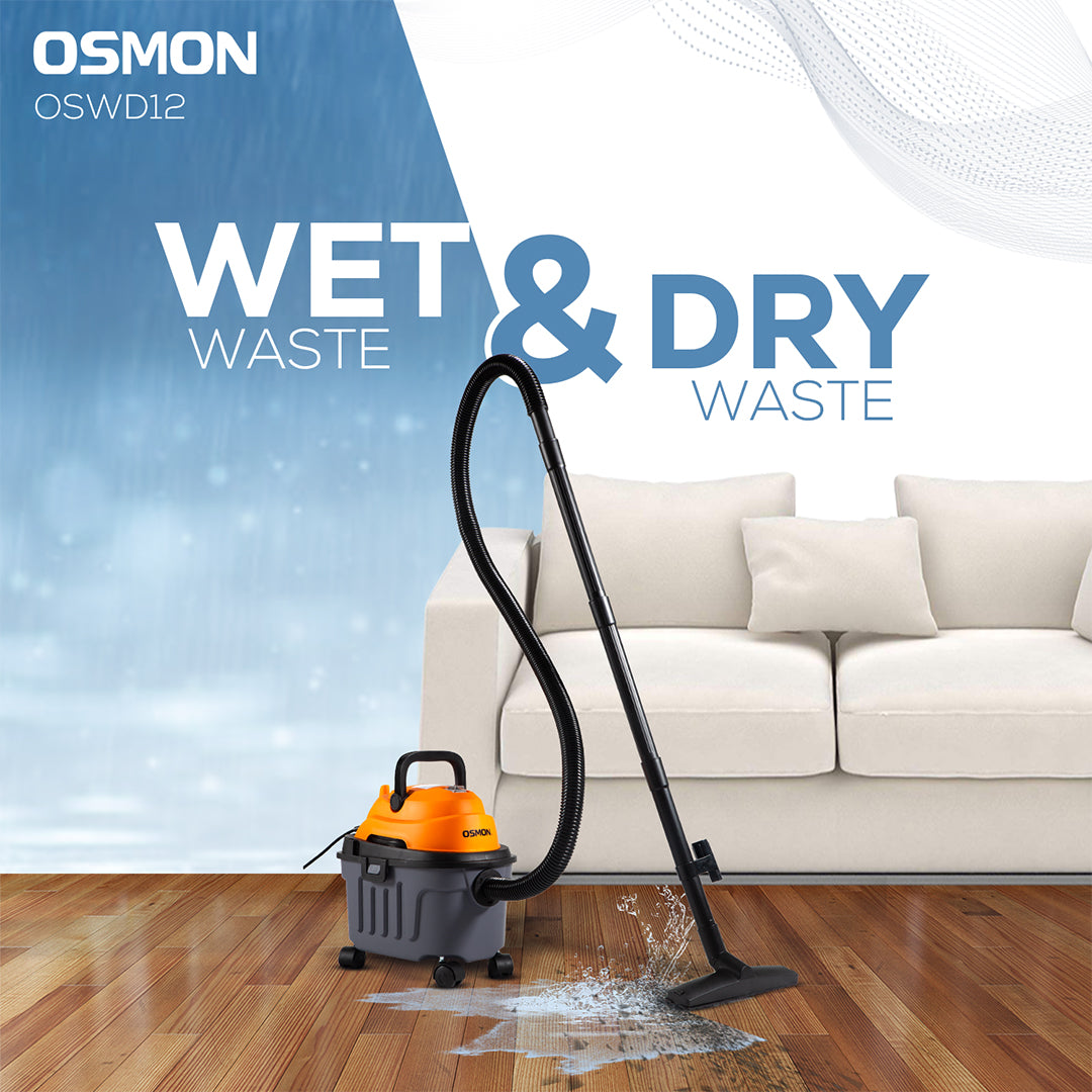 This Image shows how Osmon WD12 Vacuum is used to Clean Wet Waste & Dry Waste with the help of In Built Blower 